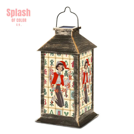Mahjong Lover Holiday Whimsy Vintage Mahj Tiles And Christmas Gal Solar Lantern One Size Art Lighting