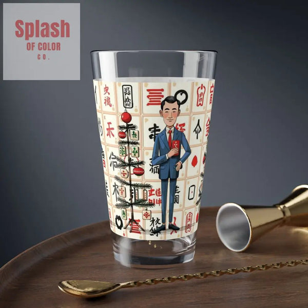Mahjong Man, Whimsical Nostalgia Stylish Mixing Glass, Drinking Glass 16oz - Splash of Color co.