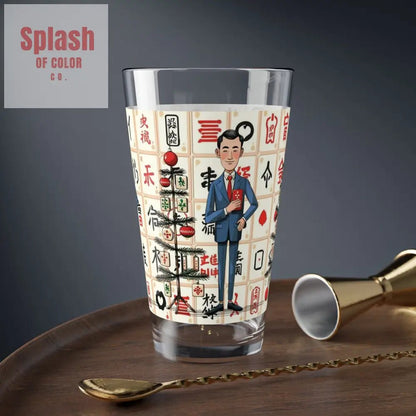Mahjong Man, Whimsical Nostalgia Stylish Mixing Glass, Drinking Glass 16oz - Splash of Color co.