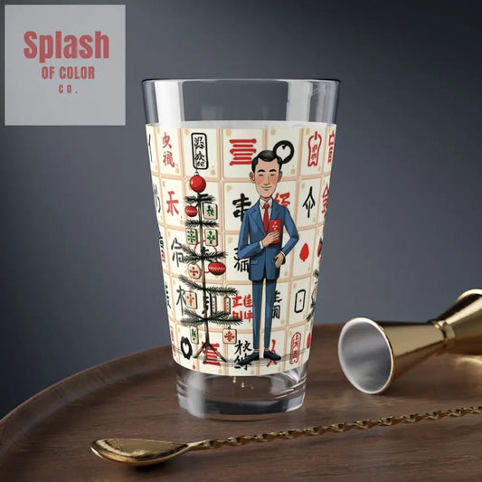 Mahjong Man, Whimsical Nostalgia Stylish Mixing Glass, Drinking Glass 16oz - Splash of Color co.