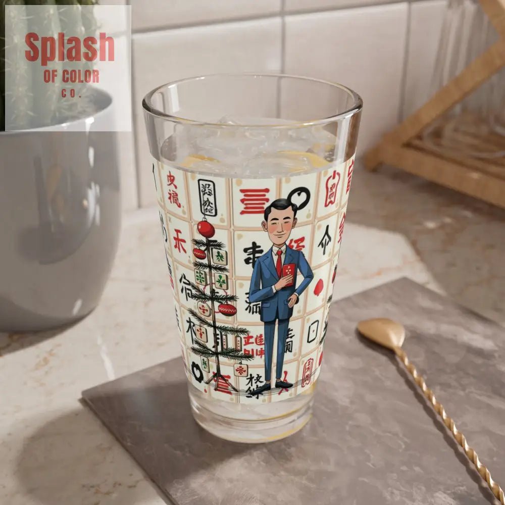 Mahjong Man, Whimsical Nostalgia Stylish Mixing Glass, Drinking Glass 16oz - Splash of Color co.