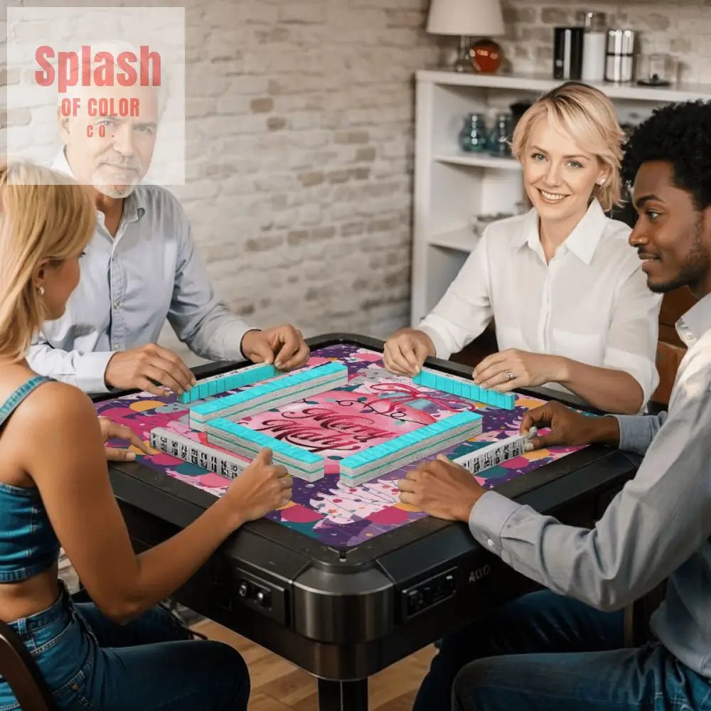 Mahjong Christmas Mat, Festive Trees, Pink, Purple Teal Merry Mahj Mat - Splash of Color co.