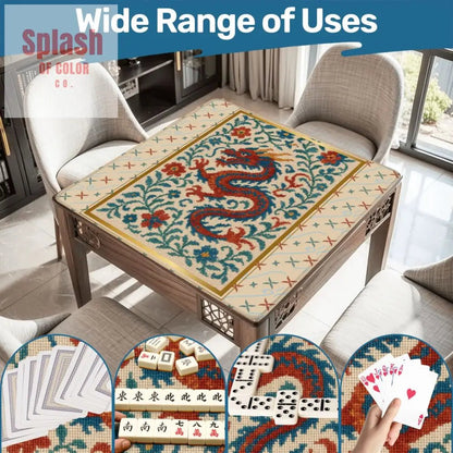 Asian Chinoiserie Dragon Embroidery Mahjong Mat, Faux Needle Point Mahj Mat - Splash of Color co.