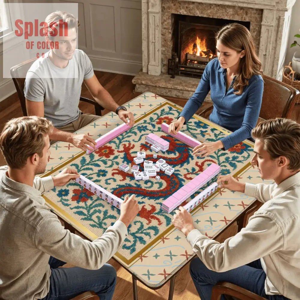 Asian Chinoiserie Dragon Embroidery Mahjong Mat, Faux Needle Point Mahj Mat - Splash of Color co.