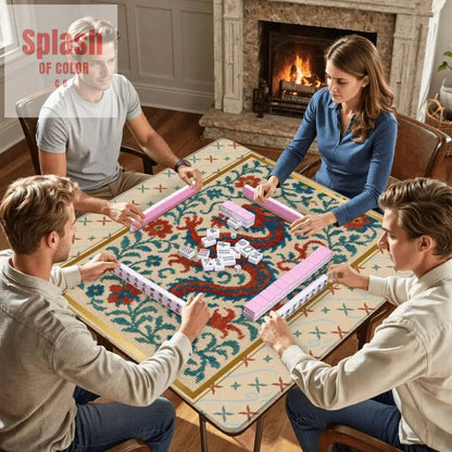 Asian Chinoiserie Dragon Embroidery Mahjong Mat, Faux Needle Point Mahj Mat - Splash of Color co.