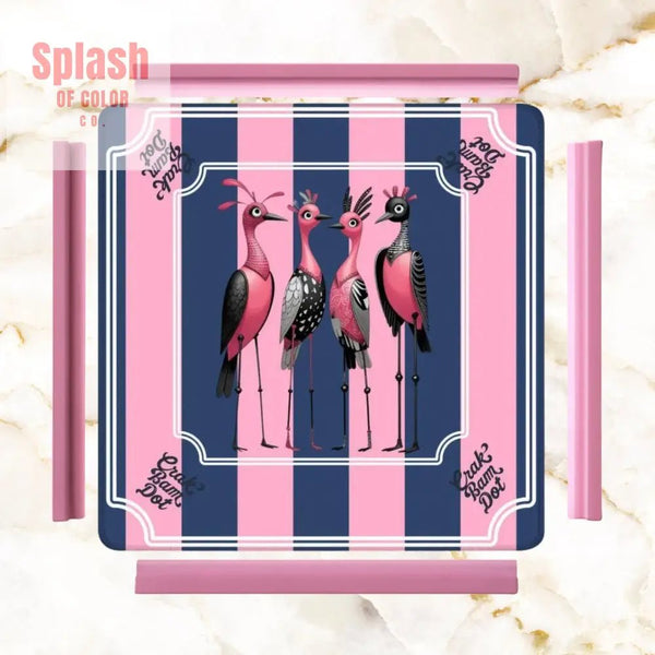 Mahjong Mat Blue Pink Striped Quirky Mahjong Bird Queens - 31.5’’x31.5’’ - Daily Accessories