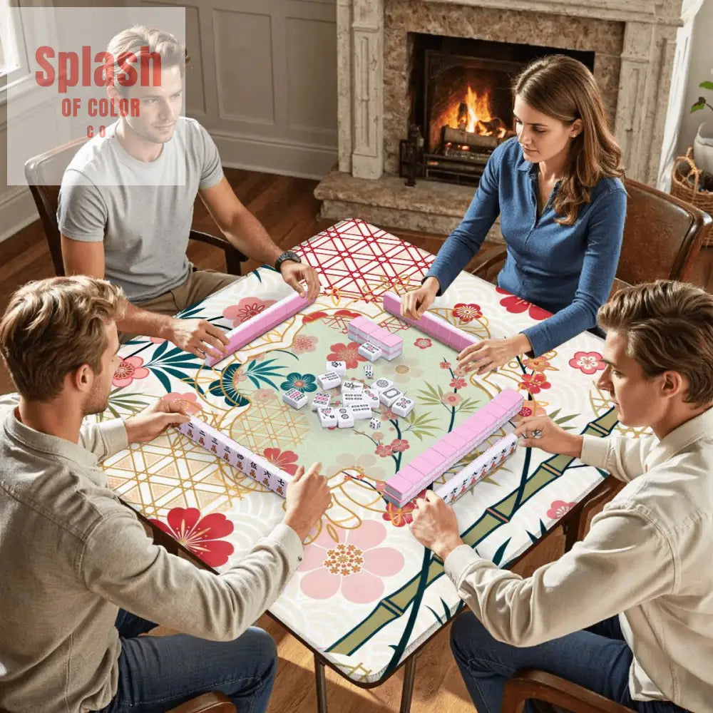 Mahjong Mat Cherry Blossom Asian Designed Floral Bamboo Mahj Game Mat - 31.5’’x31.5’’ - Daily Accessories