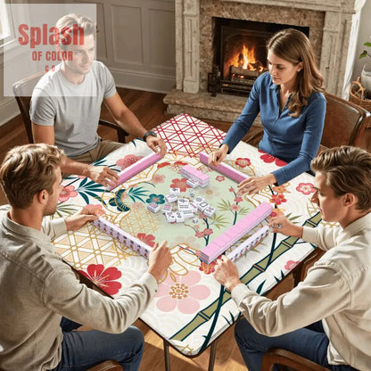 Mahjong Mat Cherry Blossom Asian Designed Floral Bamboo Mahj Game Mat - 31.5’’x31.5’’ - Daily Accessories