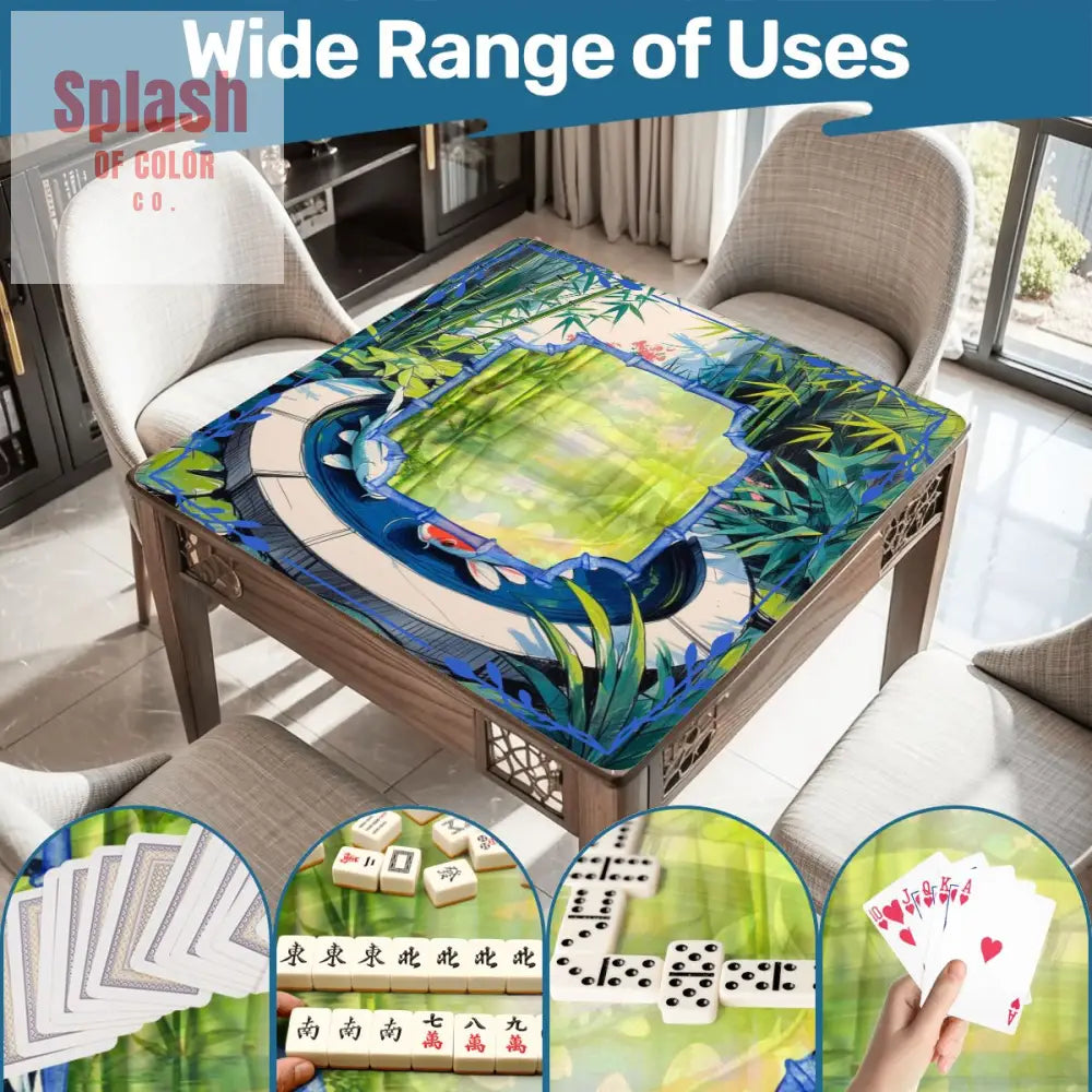 Mahjong Mat Japanese Koi Pond Asian Garden Zen Blue Green Elegant Mahj Mat 31.5’’x31.5’’ Daily Accessories