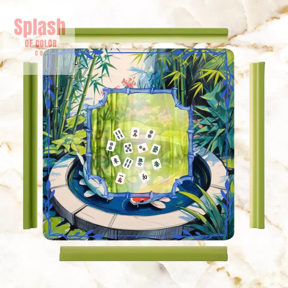 Mahjong Mat Japanese Koi Pond Asian Garden Zen Blue Green Elegant Mahj Mat 31.5’’x31.5’’ Daily Accessories
