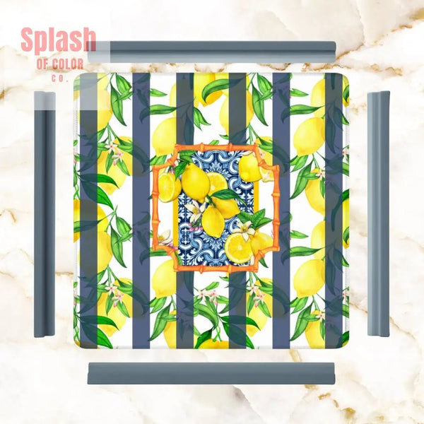 Mahjong Mat Lemon Zest Preppy Blue Striped Lemon Mahj Mat 31.5’’x31.5’’ Daily Accessories