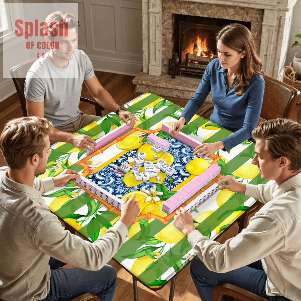 Mahjong Mat Lemon Zest Preppy Green Striped Lemon Mahj Mat 31.5’’x31.5’’ Daily Accessories