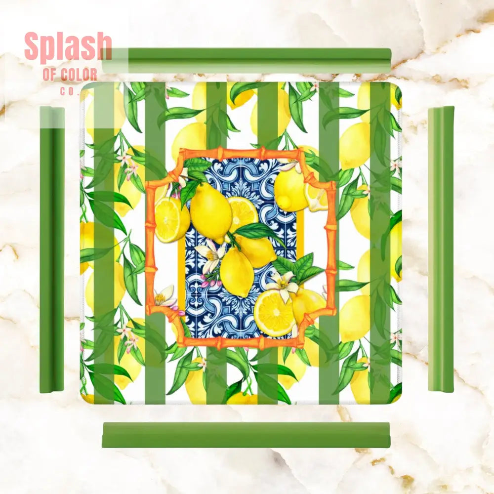 Mahjong Mat Lemon Zest Preppy Green Striped Lemon Mahj Mat 31.5’’x31.5’’ Daily Accessories