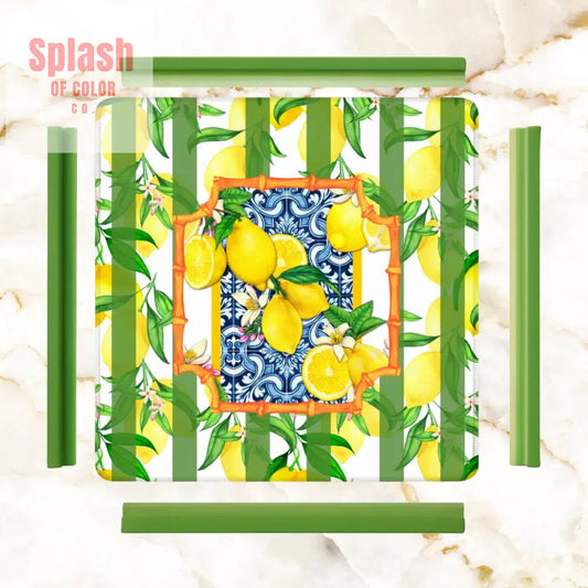 Mahjong Mat Lemon Zest Preppy Green Striped Lemon Mahj Mat 31.5’’x31.5’’ Daily Accessories