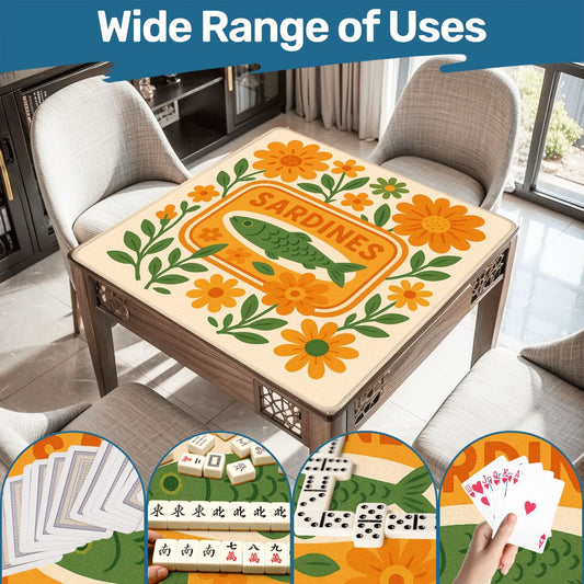 Mahjong Mat Nautical Quirky Sardine Tinned Fish Lover Orange Green Floral Mahj Game Night Mat - 31.5’’x31.5’’ - Daily
