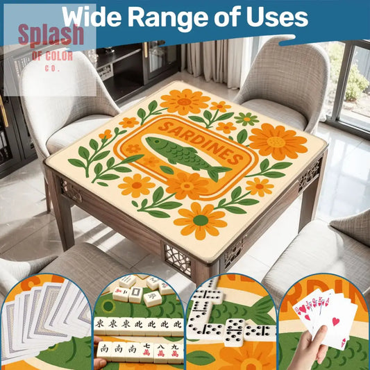 Mahjong Mat Nautical Quirky Sardine Tinned Fish Lover Orange Green Floral Mahj Game Night Mat - 31.5’’x31.5’’ - Daily