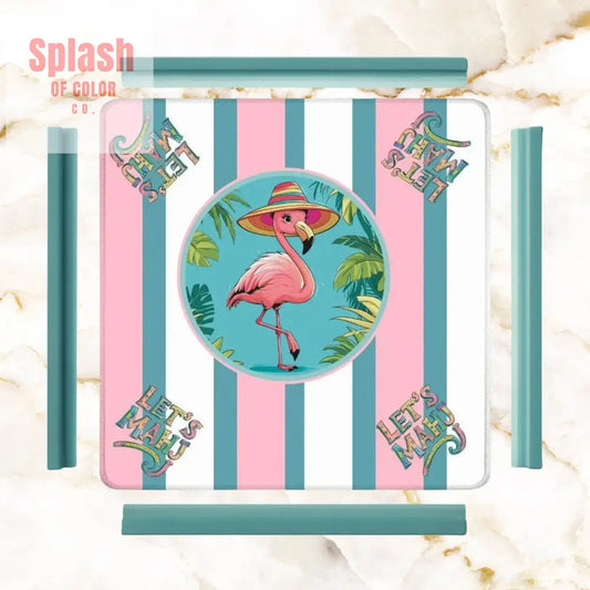 Mahjong Mat Palm Beach Florida Flamingo Whimsical Pink Teal Striped Let’s Mahj Game Mat - 31.5’’x31.5’’