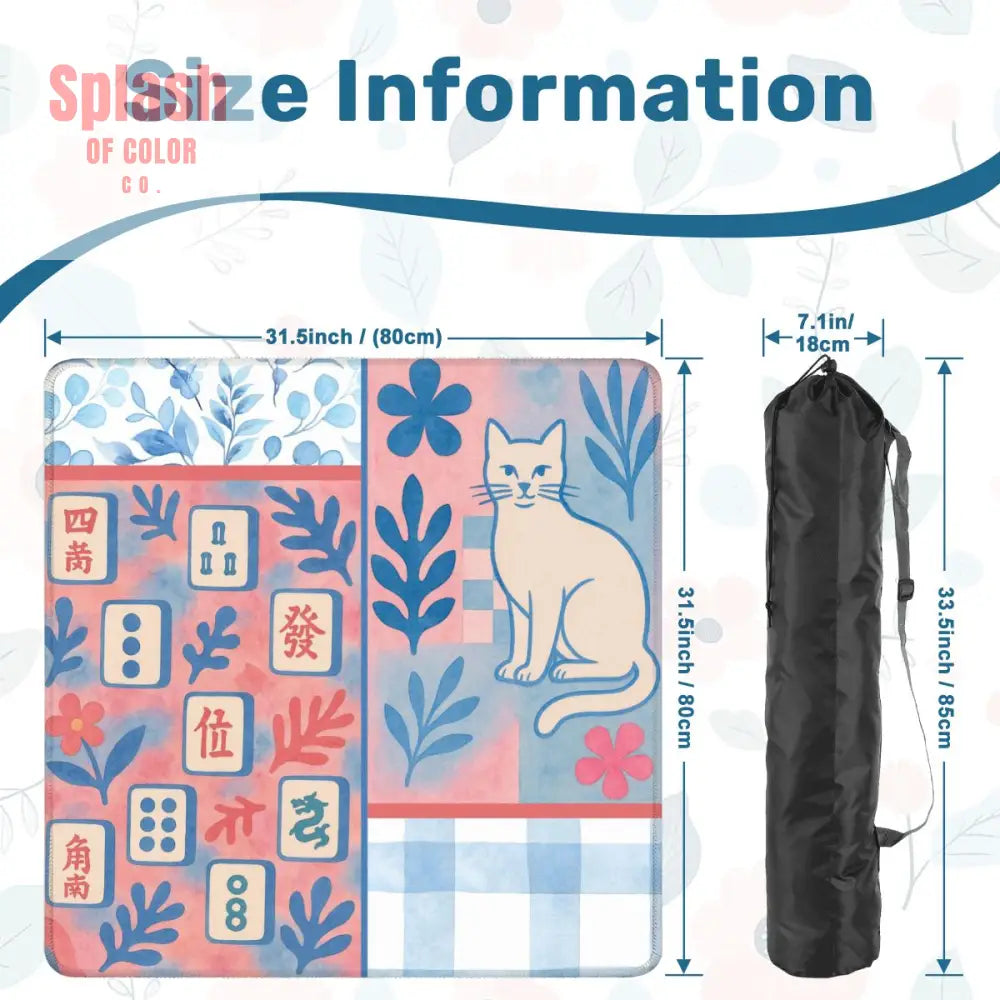 Mahjong Mat Preppy Pink Blue Gingham Mahj Tiles White Cat Mahj Mat - 31.5’’x31.5’’ - Daily Accessories