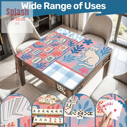 Mahjong Mat Preppy Pink Blue Gingham Mahj Tiles White Cat Mahj Mat - 31.5’’x31.5’’ - Daily Accessories