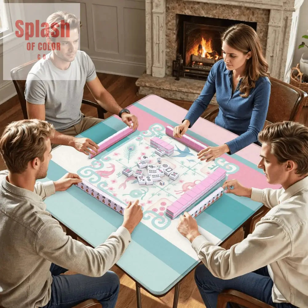 Mahjong Mat Preppy Pink Teal Blue Watercolor Tile Floral Game Mat 31.5’’x31.5’’ Daily Accessories