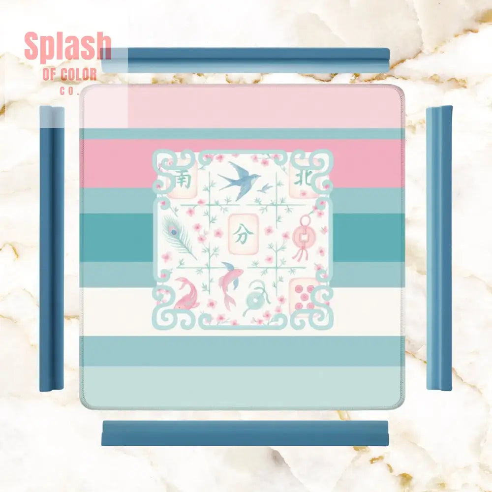Mahjong Mat Preppy Pink Teal Blue Watercolor Tile Floral Game Mat 31.5’’x31.5’’ Daily Accessories