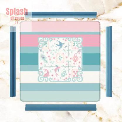 Mahjong Mat Preppy Pink Teal Blue Watercolor Tile Floral Game Mat 31.5’’x31.5’’ Daily Accessories