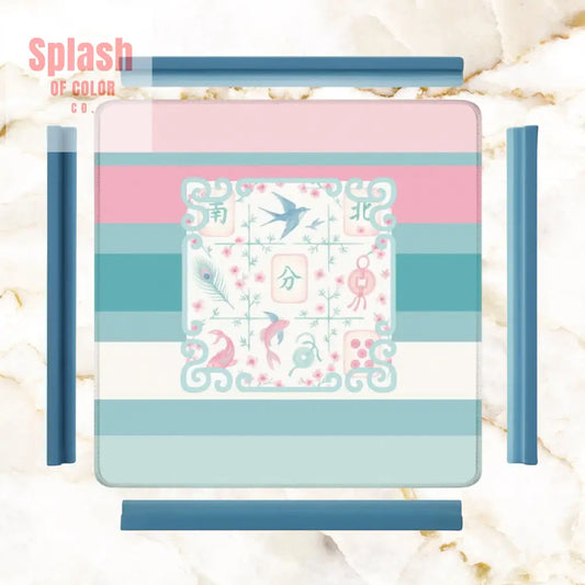 Mahjong Mat Preppy Pink Teal Blue Watercolor Tile Floral Game Mat 31.5’’x31.5’’ Daily Accessories