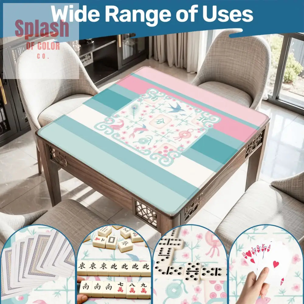 Mahjong Mat Preppy Pink Teal Blue Watercolor Tile Floral Game Mat 31.5’’x31.5’’ Daily Accessories