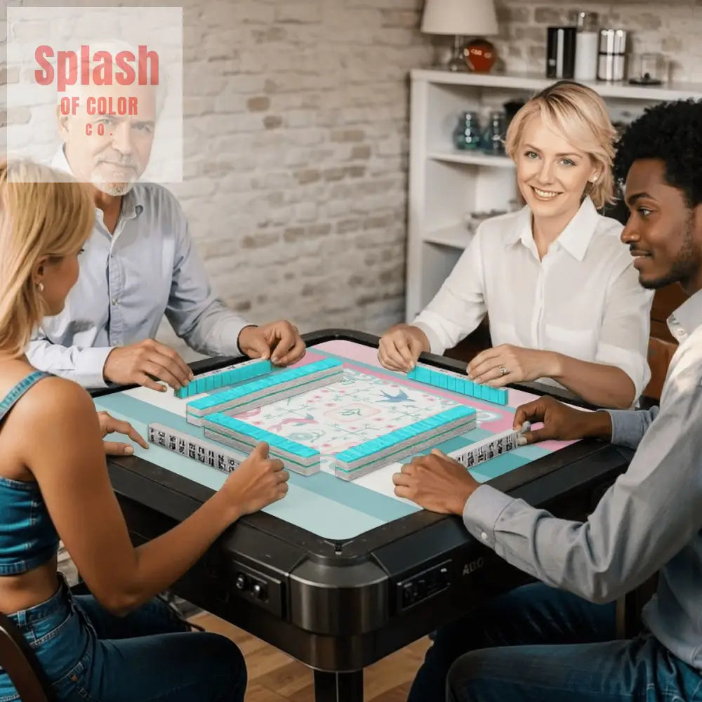 Mahjong Mat Preppy Pink Teal Blue Watercolor Tile Floral Game Mat 31.5’’x31.5’’ Daily Accessories