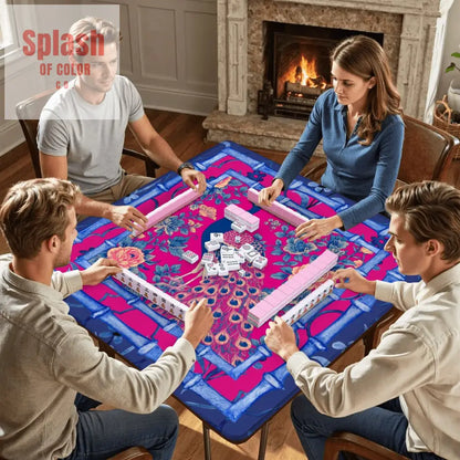 Mahjong Mat Royal Blue Fushcia Pink Floral Peacock Mahj Game Mat Daily Accessories