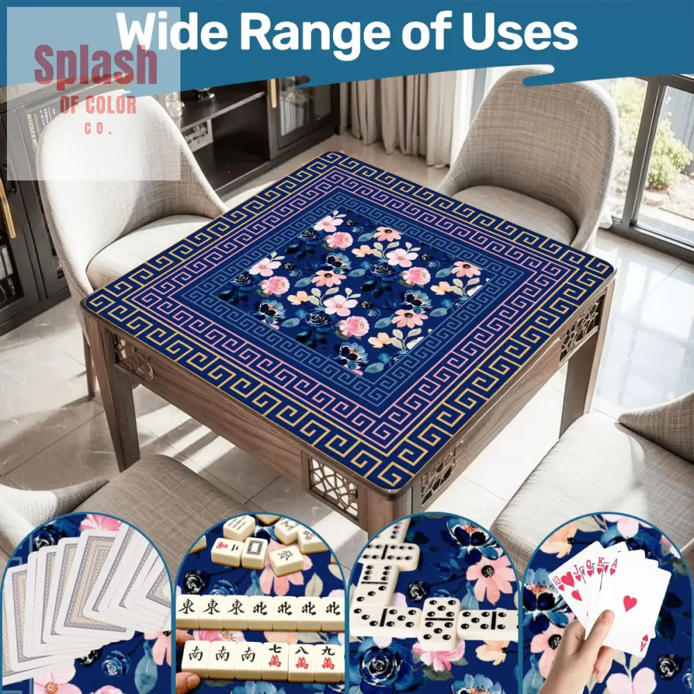 Mahjong Mat Royal Blue Pink Floral Heritage Greek Key Border Preppy Mahj Game Mat Daily Accessories
