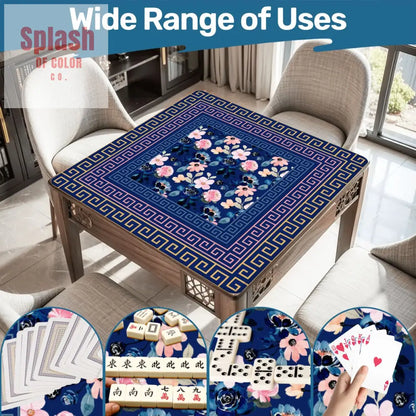 Mahjong Mat Royal Blue Pink Floral Heritage Greek Key Border Preppy Mahj Game Mat Daily Accessories
