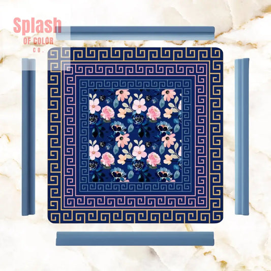 Mahjong Mat Royal Blue Pink Floral Heritage Greek Key Border Preppy Mahj Game Mat Daily Accessories