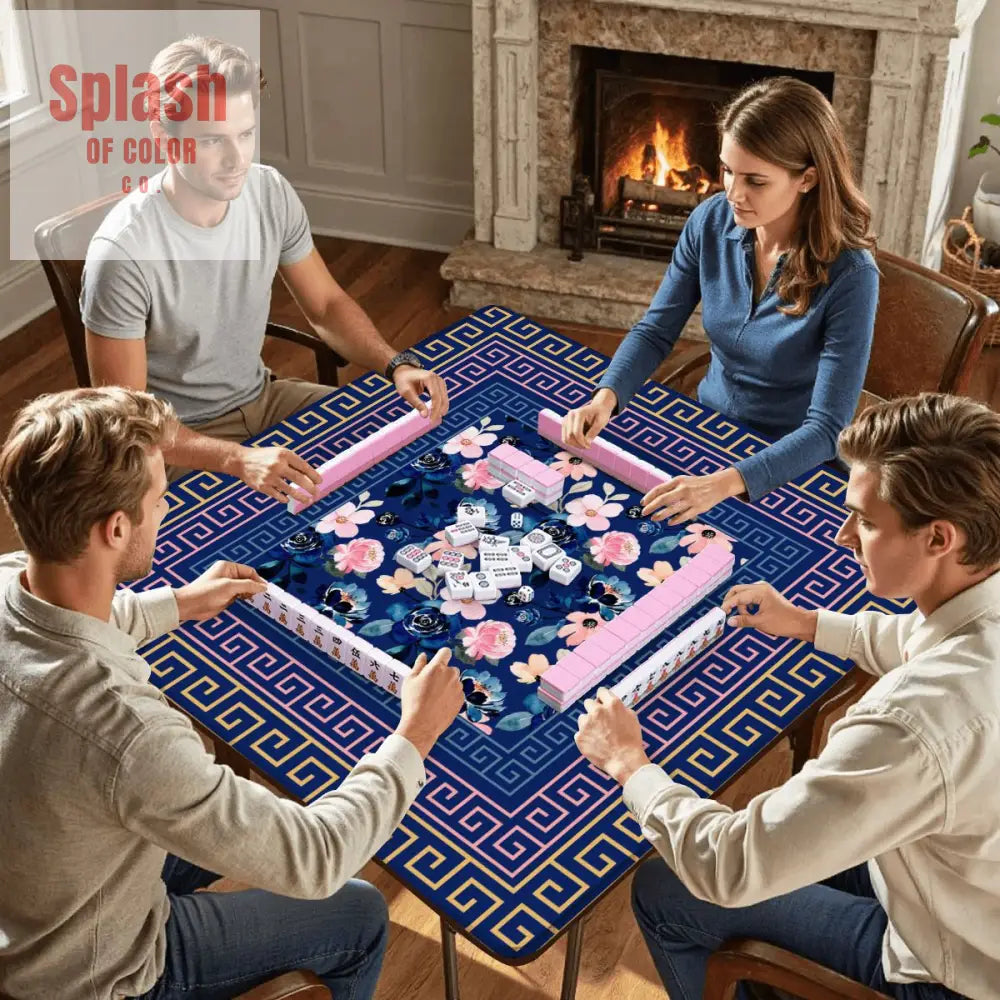 Mahjong Mat Royal Blue Pink Floral Heritage Greek Key Border Preppy Mahj Game Mat Daily Accessories