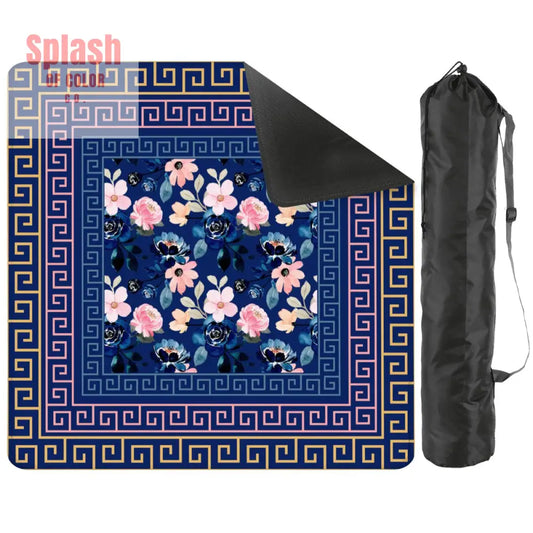 Mahjong Mat Royal Blue Pink Floral Heritage Greek Key Border Preppy Mahj Game Mat 2mm (Black Bag) Daily Accessories