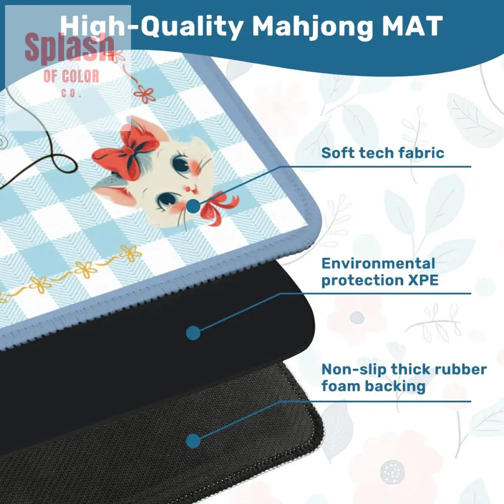 Mahjong Mat Vintage Whimsical Kittens Blue White Gingham Preppy Check Mahj Mat Daily Accessories