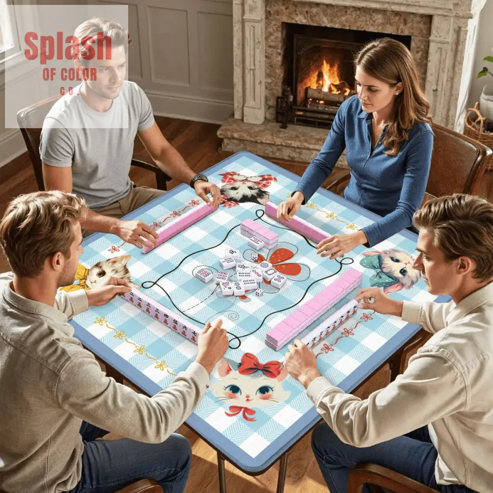 Mahjong Mat Vintage Whimsical Kittens Blue White Gingham Preppy Check Mahj Mat Daily Accessories