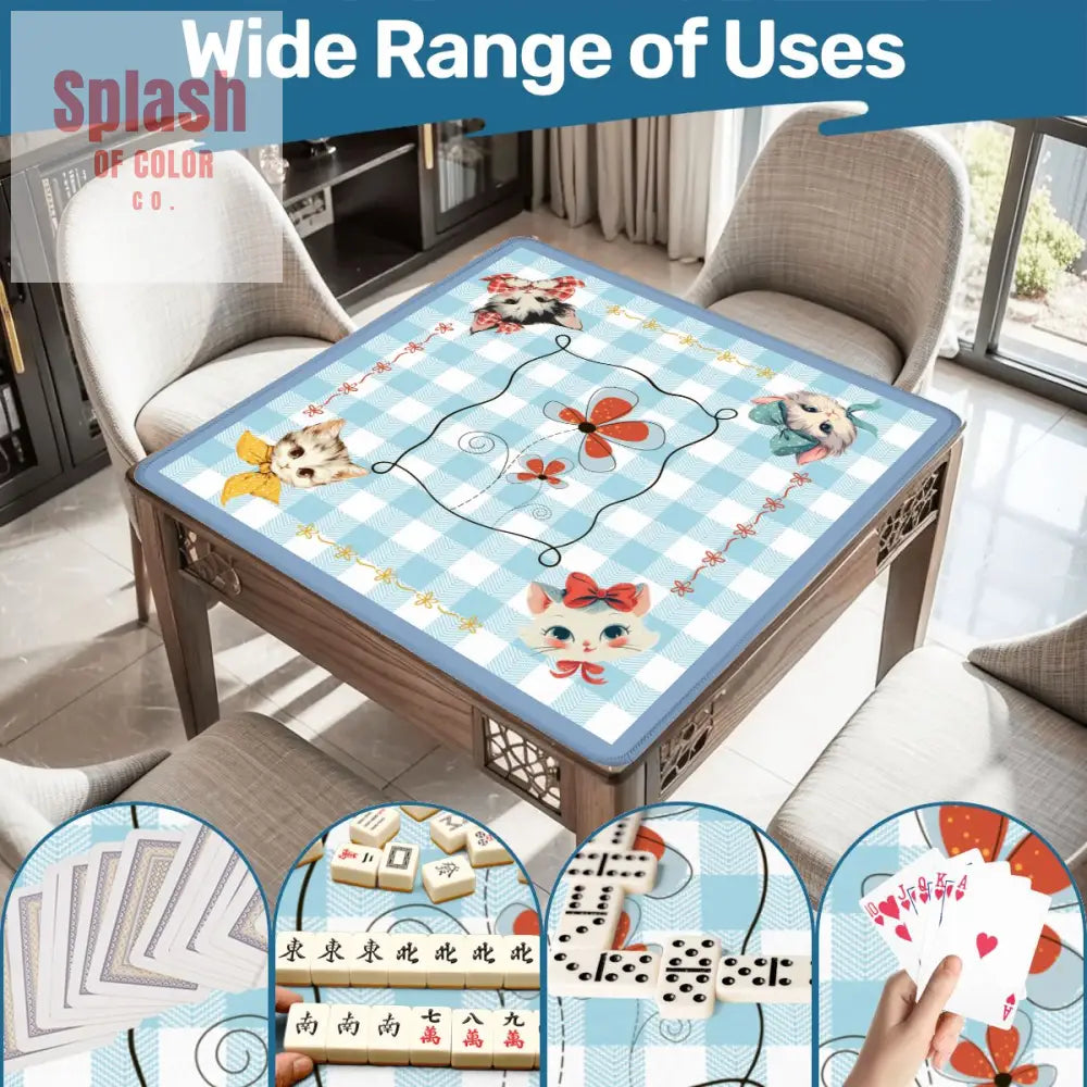 Mahjong Mat Vintage Whimsical Kittens Blue White Gingham Preppy Check Mahj Mat Daily Accessories