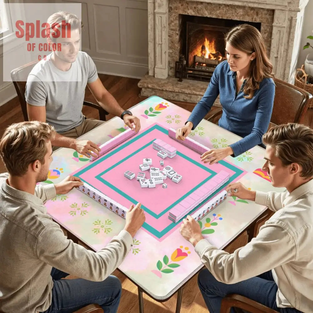 Mahjong Mat Watercolor Preppy Pink Green Teal Scandinavian Floral Mahj Mat - 31.5’’x31.5’’ - Daily Accessories