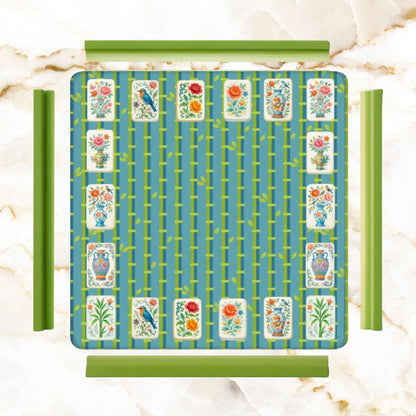 Mahjong Mat With Floral Tiles Preppy Bamboo Design Green And Blue Mahj Game Play Mat - 31.5’’x31.5’’ - Daily Accessories
