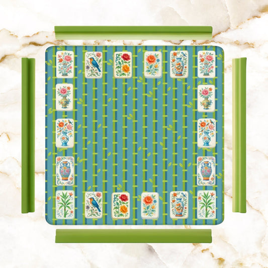 Mahjong Mat With Floral Tiles Preppy Bamboo Design Green And Blue Mahj Game Play Mat - 31.5’’x31.5’’ - Daily Accessories