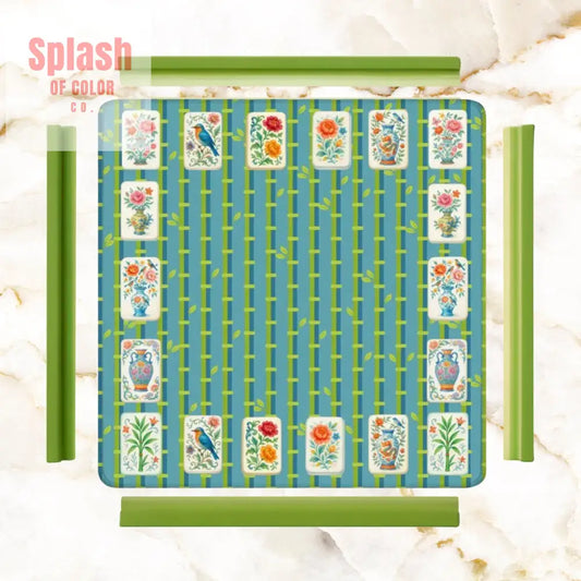 Mahjong Mat With Floral Tiles Preppy Bamboo Design Green And Blue Mahj Game Play Mat - 31.5’’x31.5’’ - Daily Accessories