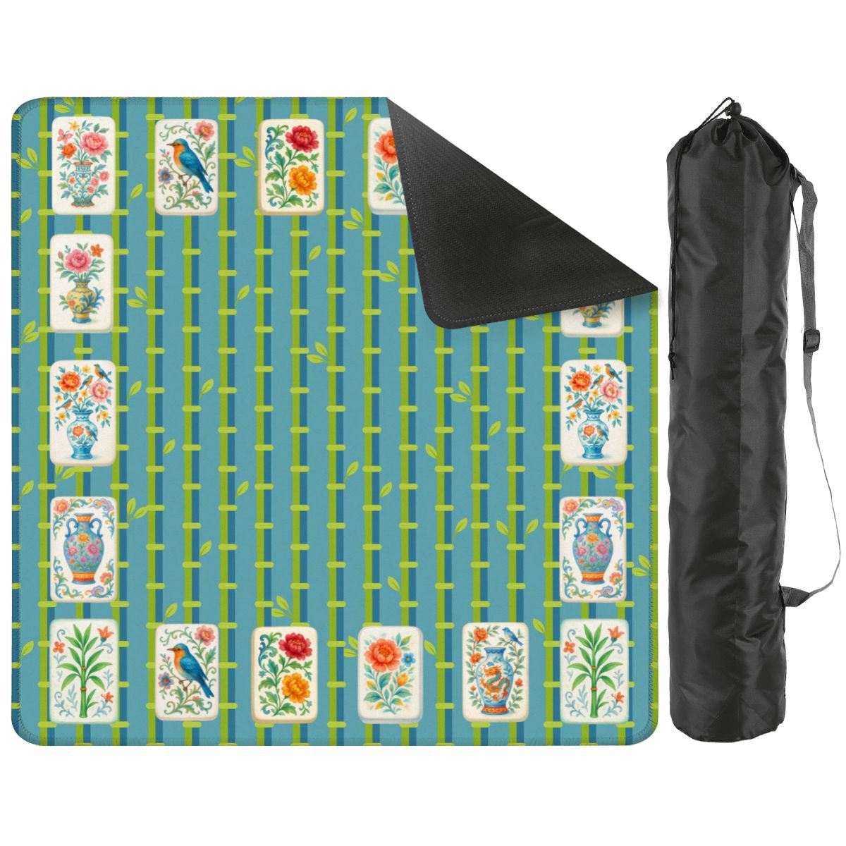 Mahjong Mat With Floral Tiles Preppy Bamboo Design Green And Blue Mahj Game Play Mat - 31.5’’x31.5’’ - Daily Accessories