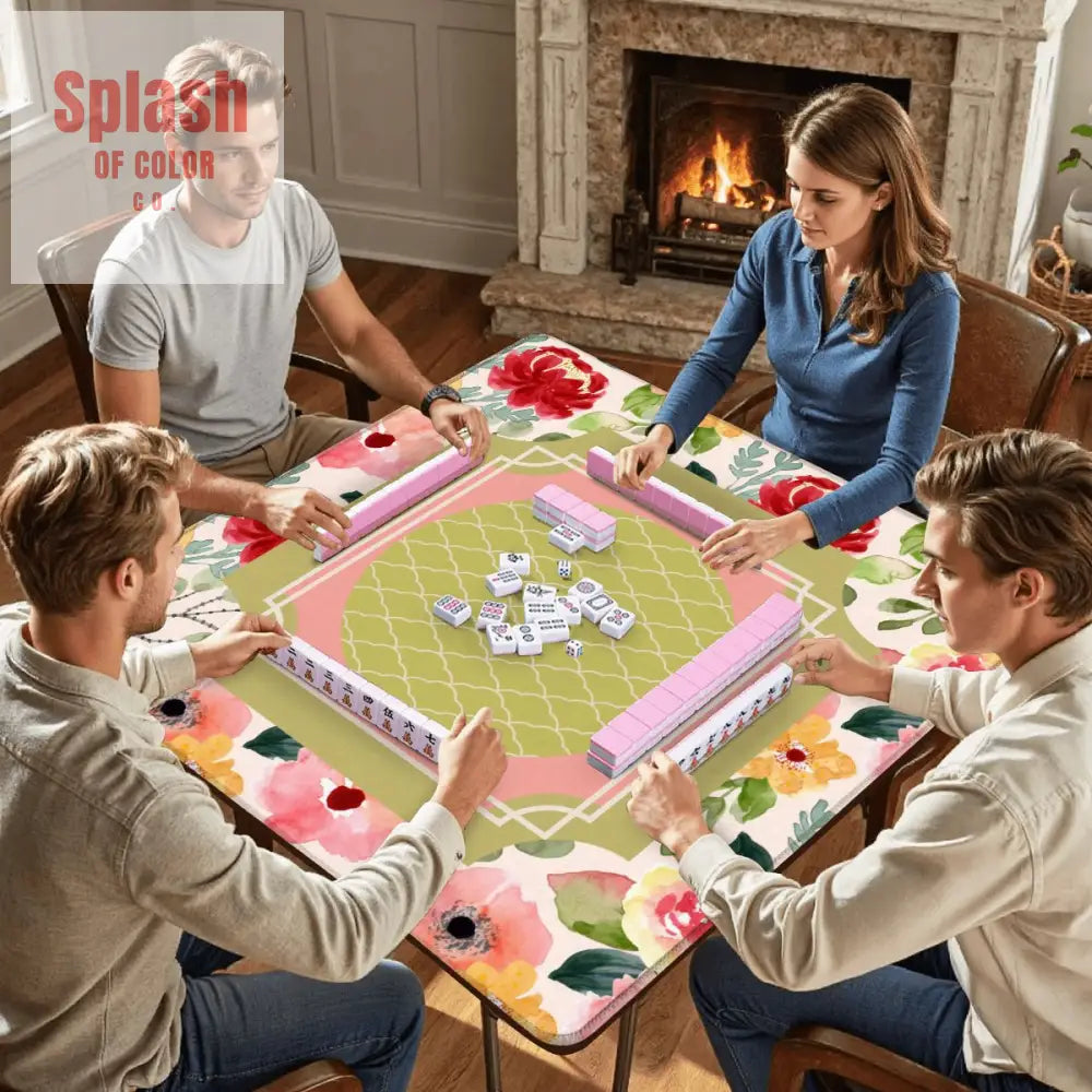 Mahjong Mat With Pretty Preppy Watercolor Flowers Mahj Gamer Enthusiast Mat - 31.5’’x31.5’’ - Daily Accessories
