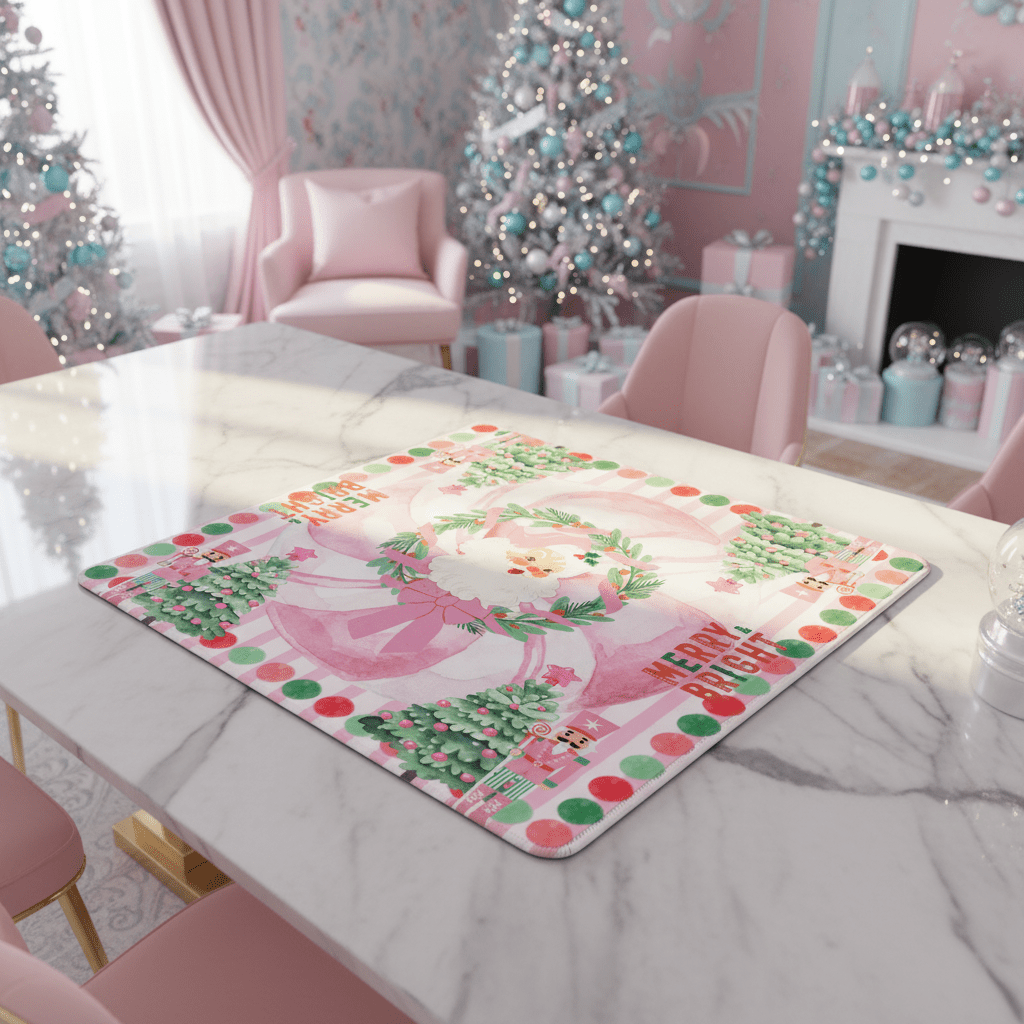 Mahjong Christmas Mat, Vintage Santa, Pink White, Nutcrackers And Christmas Trees - Splash of Color Co.