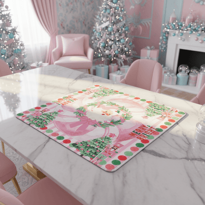 Mahjong Christmas Mat, Vintage Santa, Pink White, Nutcrackers And Christmas Trees - Splash of Color Co.