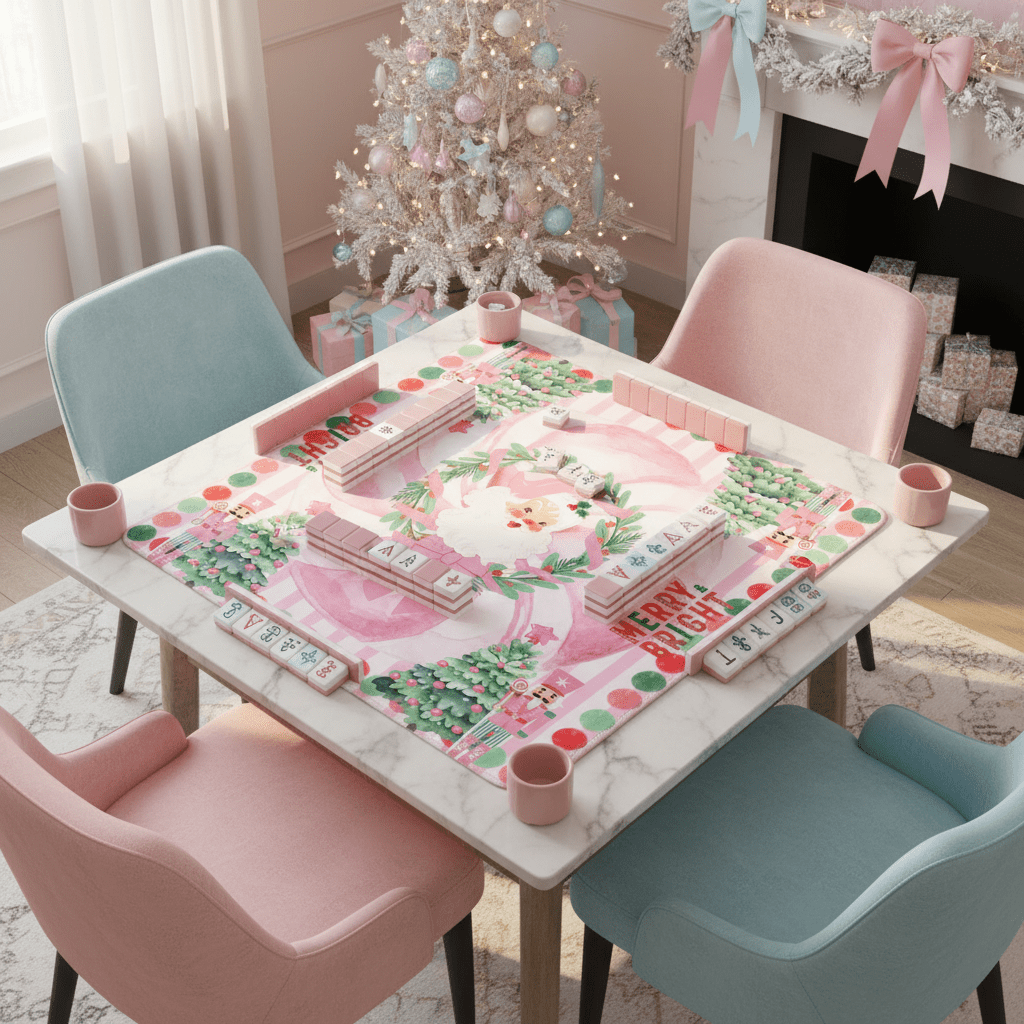 Mahjong Christmas Mat, Vintage Santa, Pink White, Nutcrackers And Christmas Trees - Splash of Color Co.
