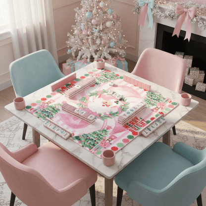 Mahjong Christmas Mat, Vintage Santa, Pink White, Nutcrackers And Christmas Trees - Splash of Color Co.