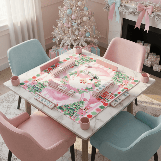 Mahjong Christmas Mat, Vintage Santa, Pink White, Nutcrackers And Christmas Trees - Splash of Color Co.