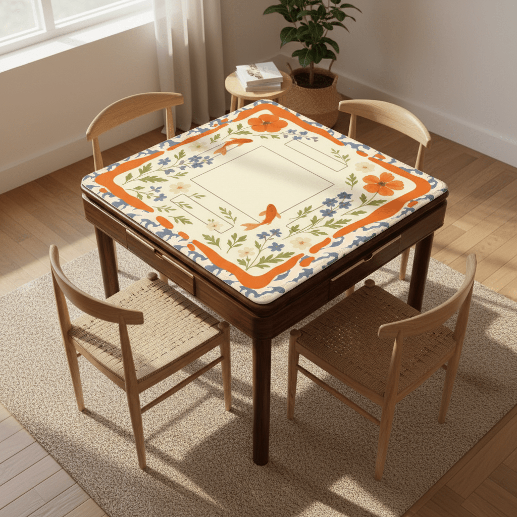 Floating Garden, Orange, Periwinkle Blue Floral Fish Mahjong Mat - Splash of Color Co.